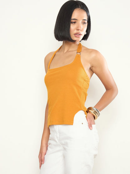 Women Mustard Rib Halter Neck With Metal Buckle Top