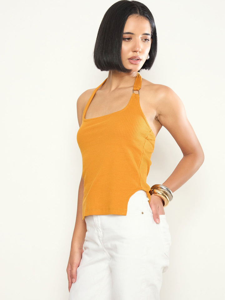 Women Mustard Rib Halter Neck With Metal Buckle Top