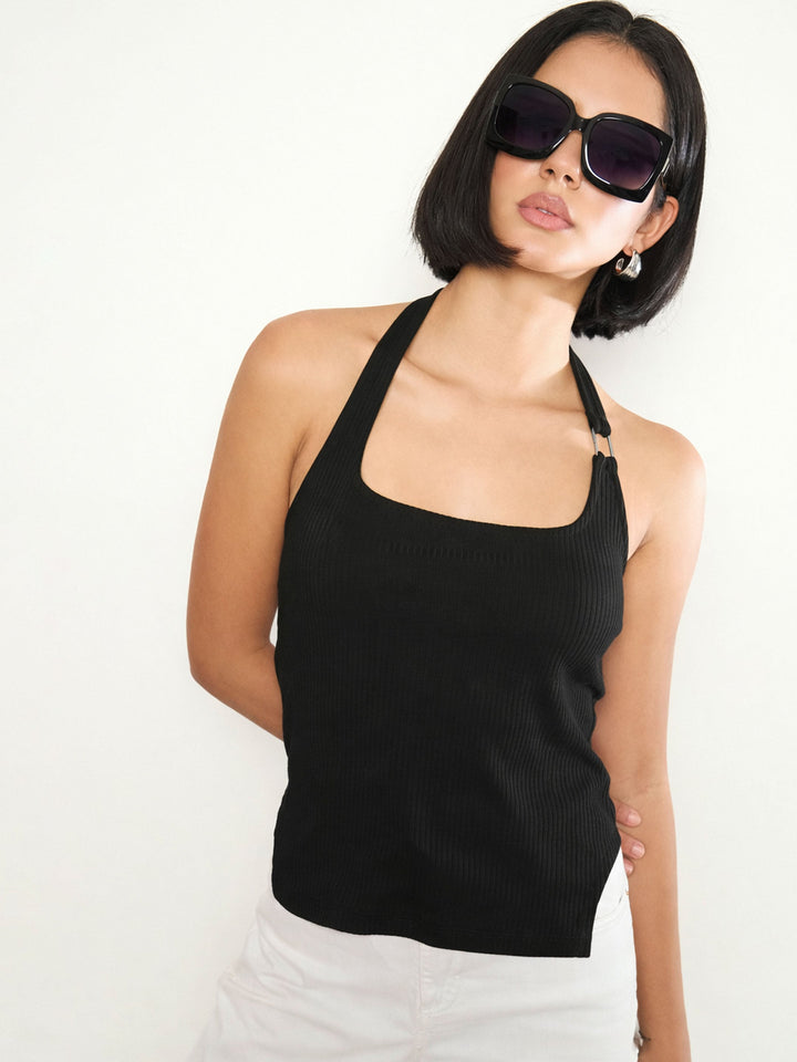 Women Black Rib Halter Neck With Metal Buckle Top