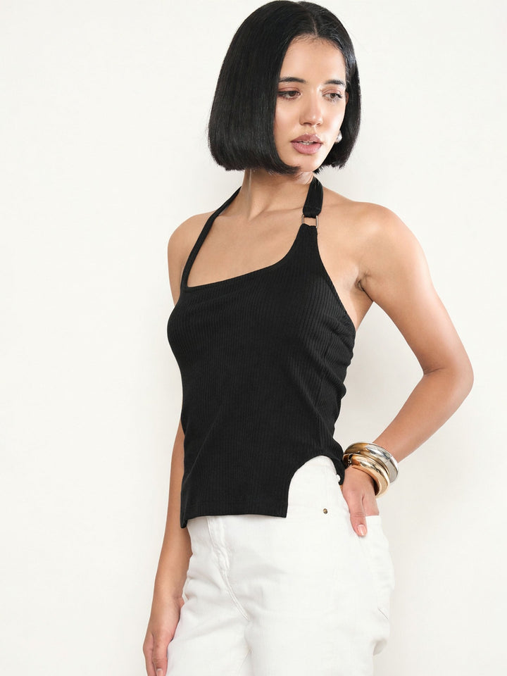 Women Black Rib Halter Neck With Metal Buckle Top