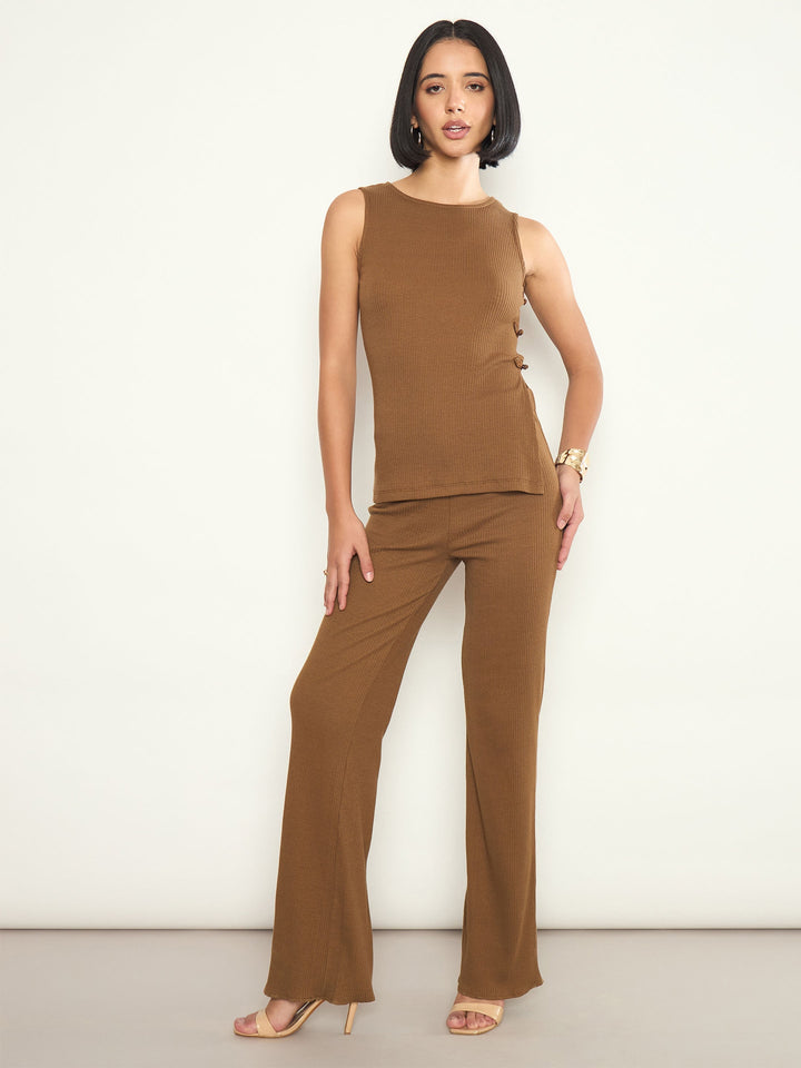 Women Tan Rib Sleeveless Side Slit Top With Elasticated Track Pants