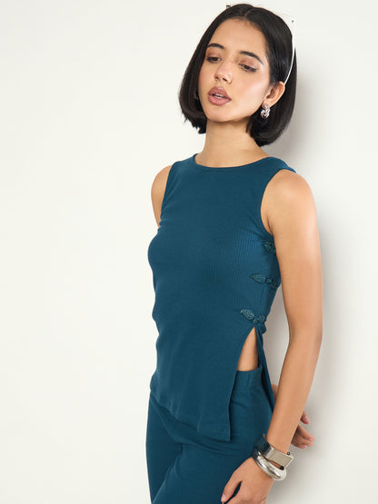 Women Teal Rib Sleeveless Side Slit Top