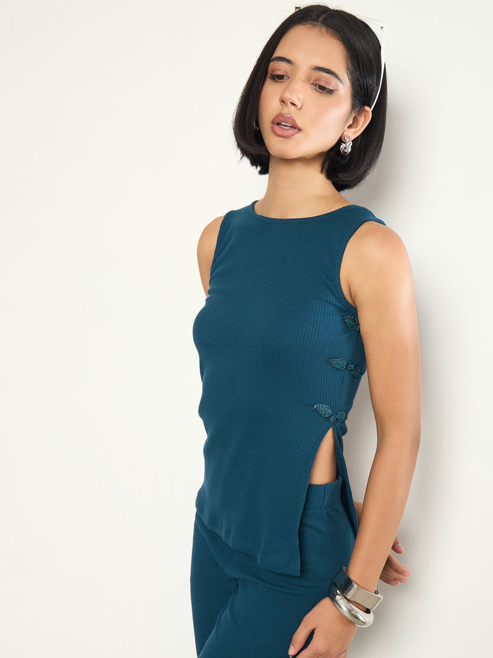 Women Teal Rib Sleeveless Side Slit Top