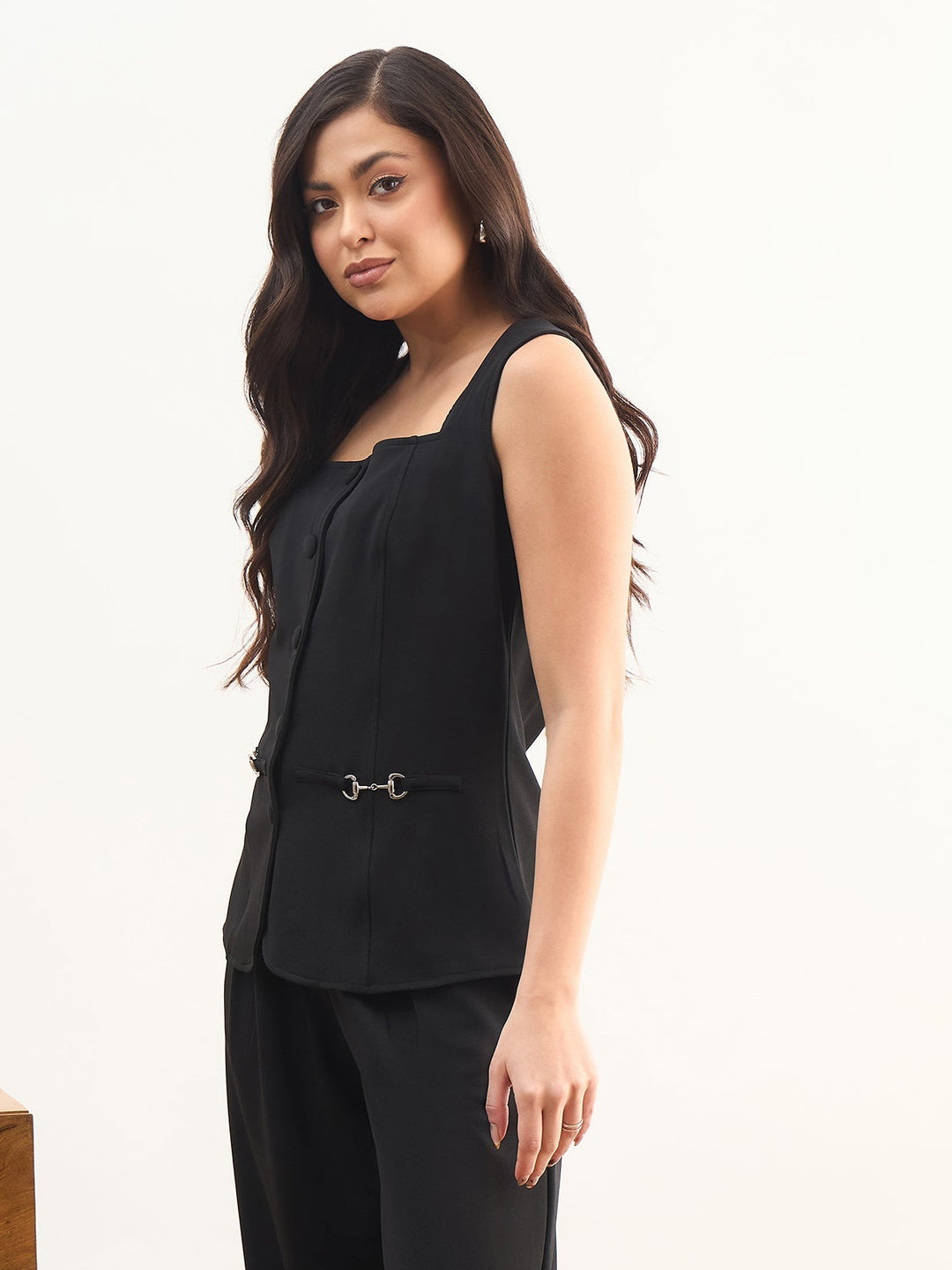 Women Black Rhombus Neck Front Button Top With Box Pleat Pants