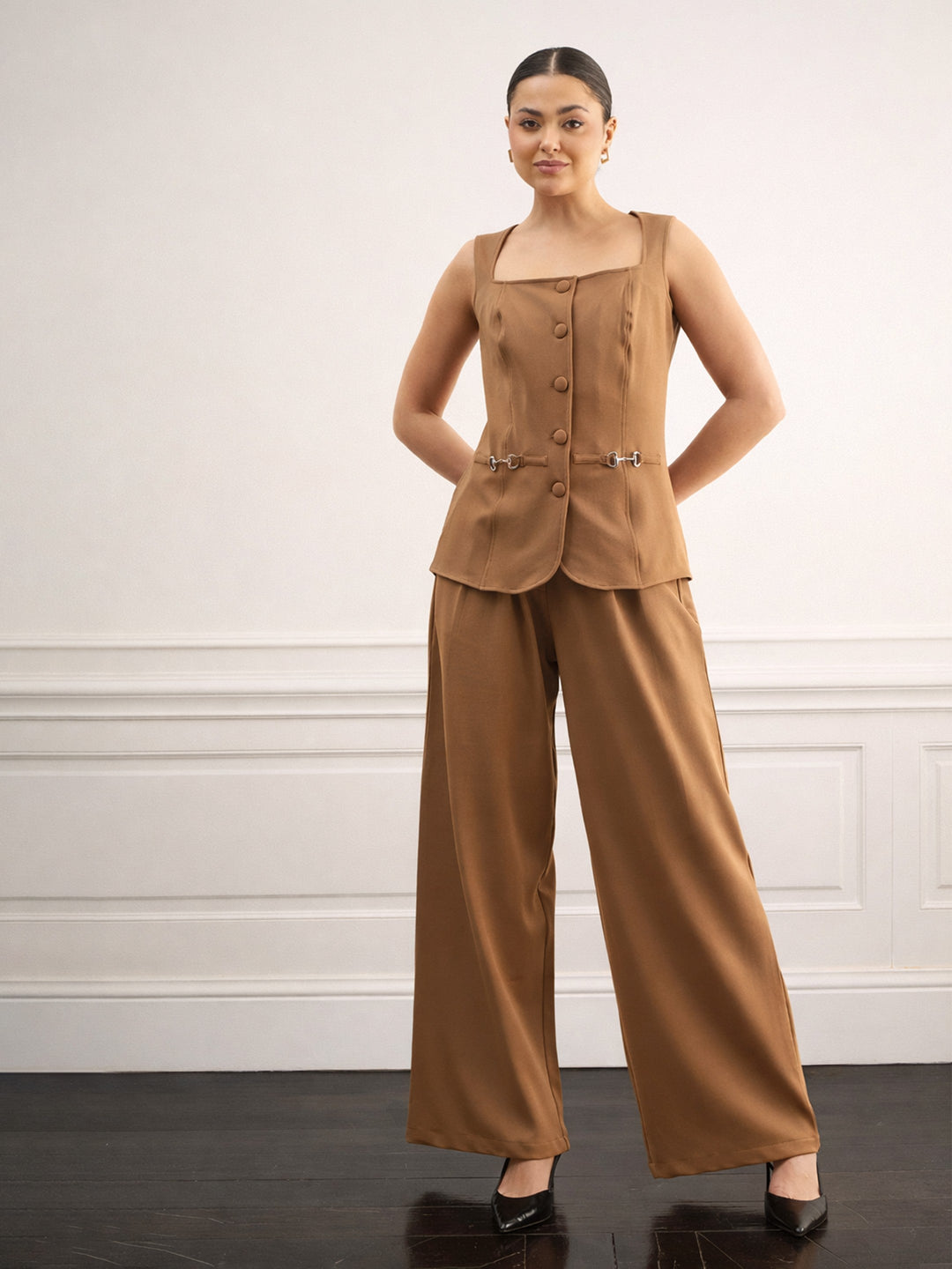 Women Tan Brown Rhombus Neck Front Button Top With Box Pleat Pants