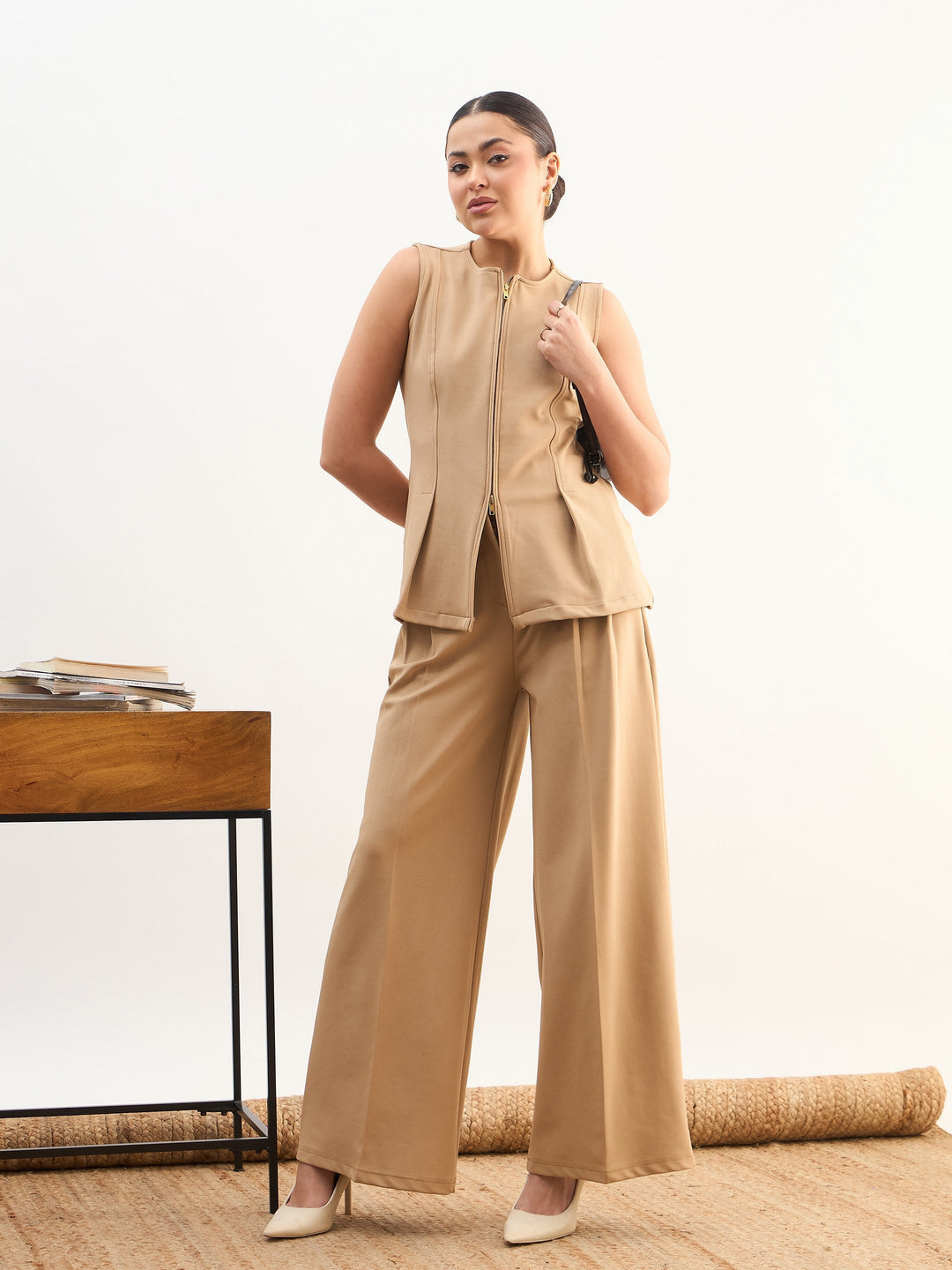 Women Beige Round Neck Front Zipper Top