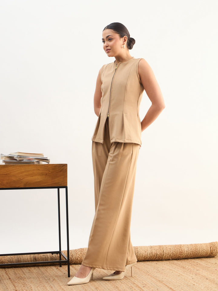 Women Beige Round Neck Front Zipper Top With Dual Dart Pant