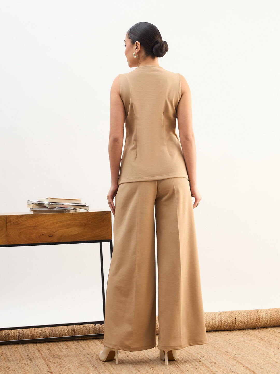 Women Beige Round Neck Front Zipper Top With Dual Dart Pant