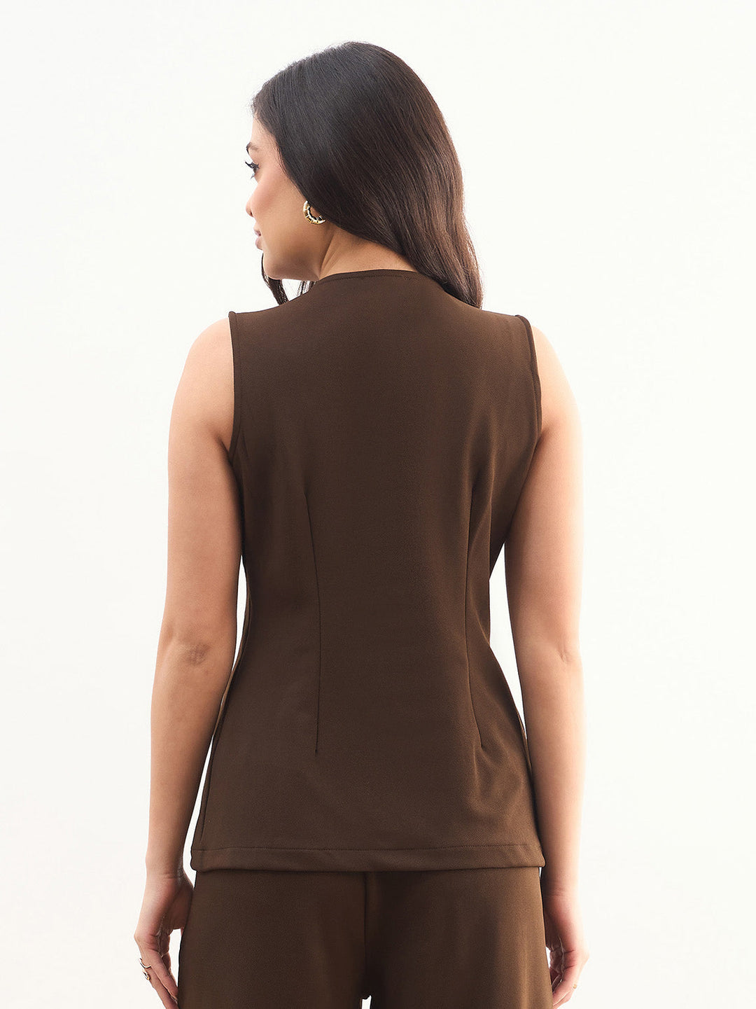 Women Coffee Brown Round Neck Front Zipper Top