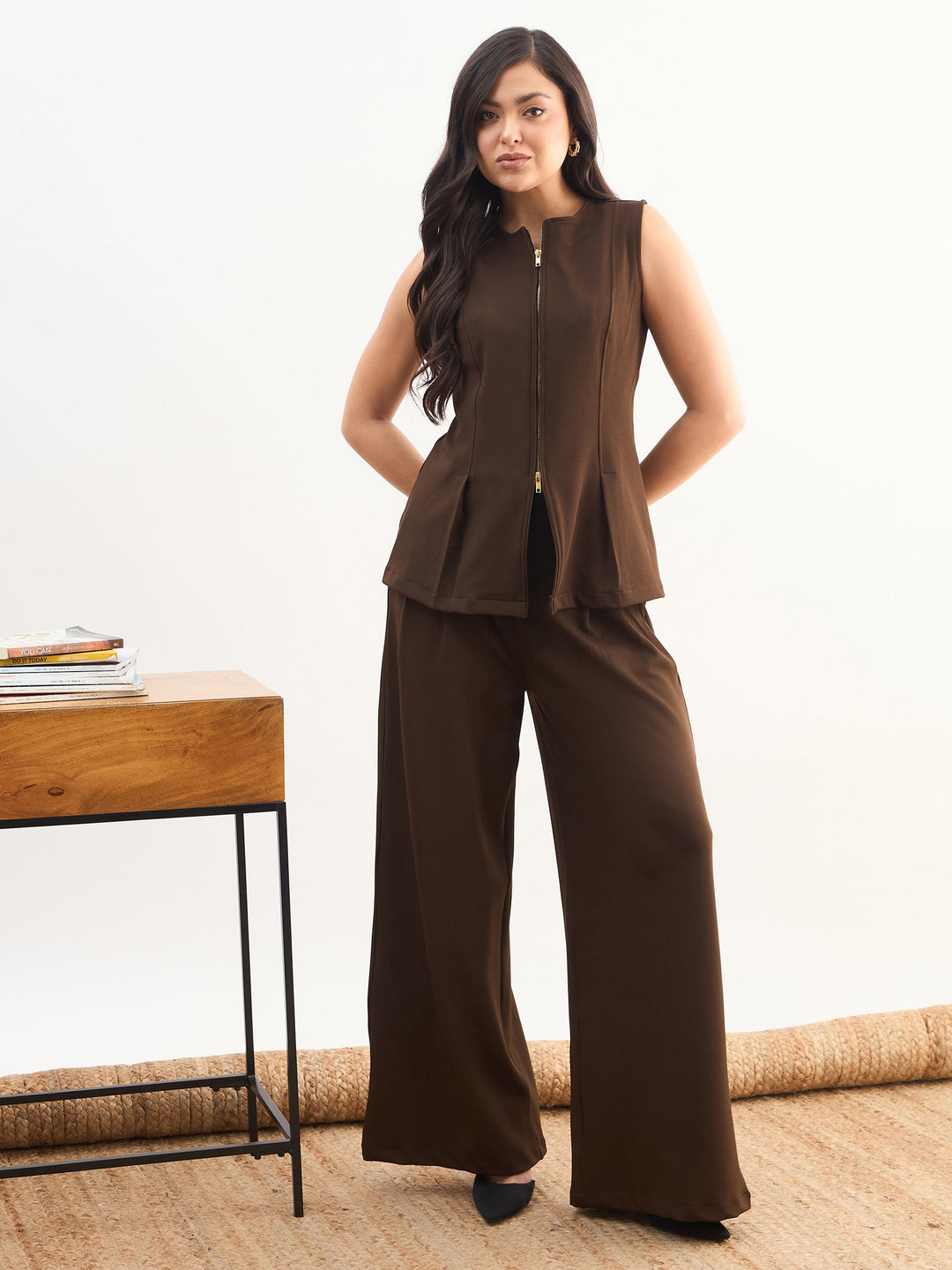 Women Coffee Brown Round Neck Front Zipper Top With Dual Dart Pant