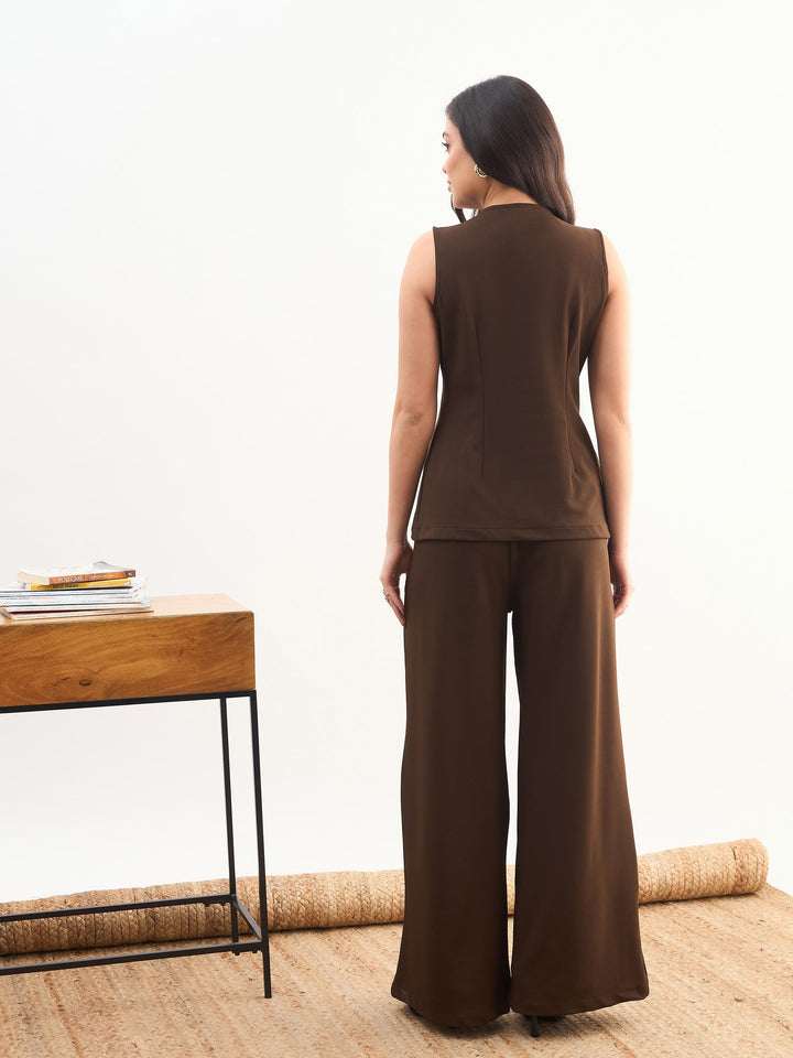 Women Coffee Brown Round Neck Front Zipper Top With Dual Dart Pant