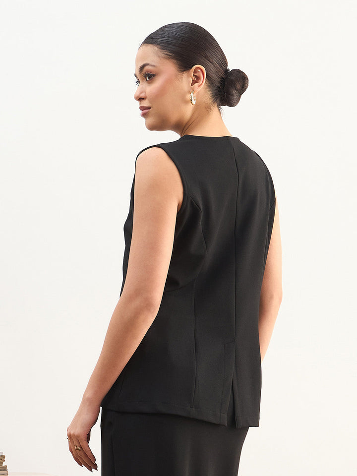 Women Black Round Neck Sleeveless Front Button Vest
