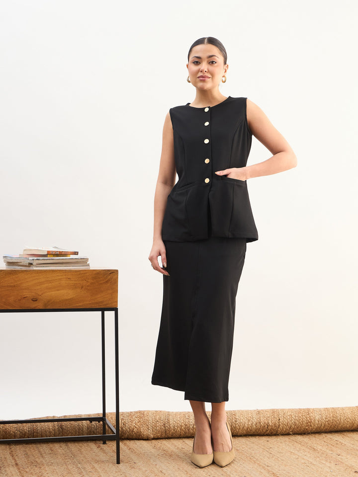 Women Black Round Neck Vest Top With Front Slit Midi Skirt