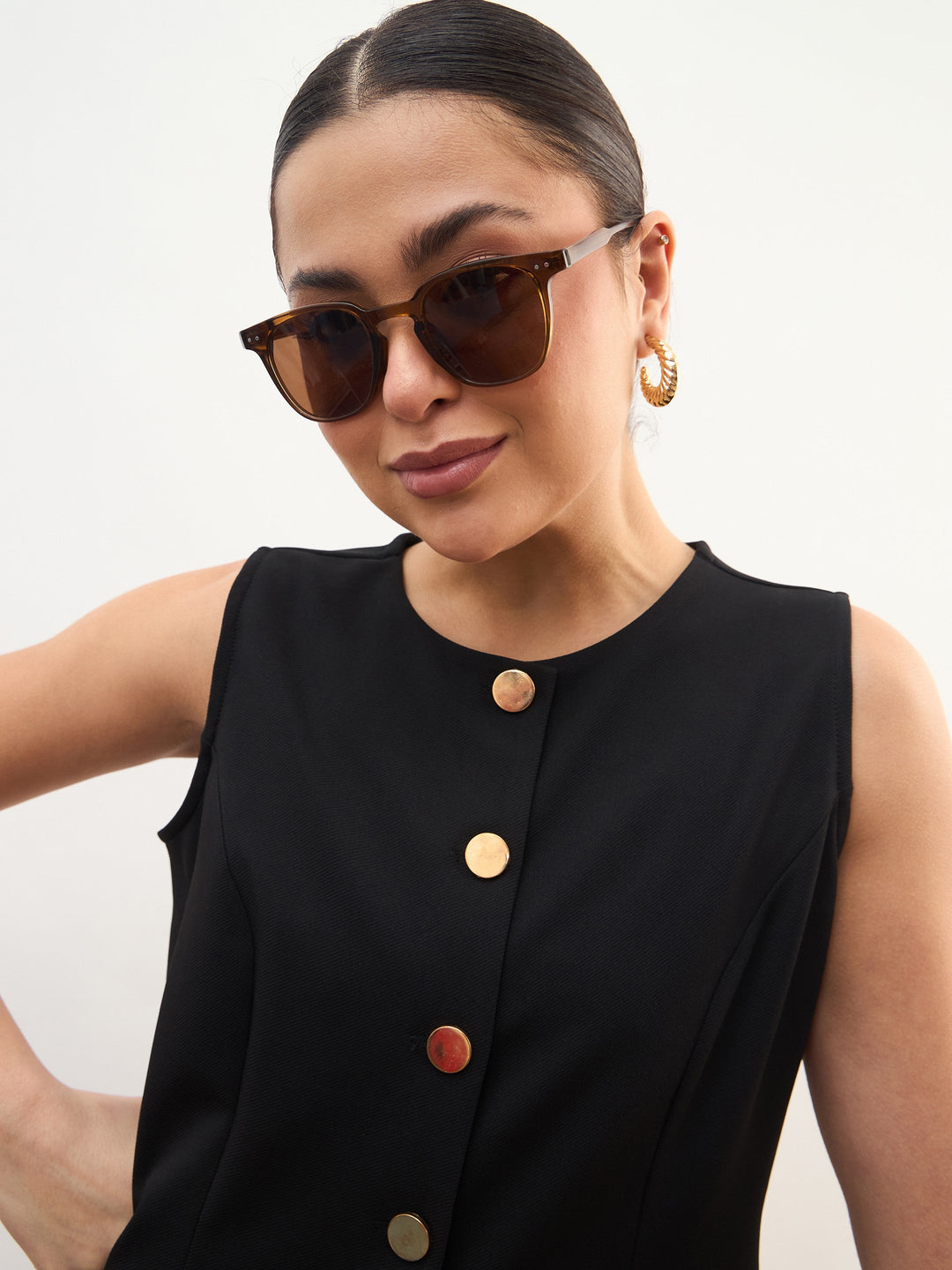 Women Black Round Neck Vest Top With Front Slit Midi Skirt