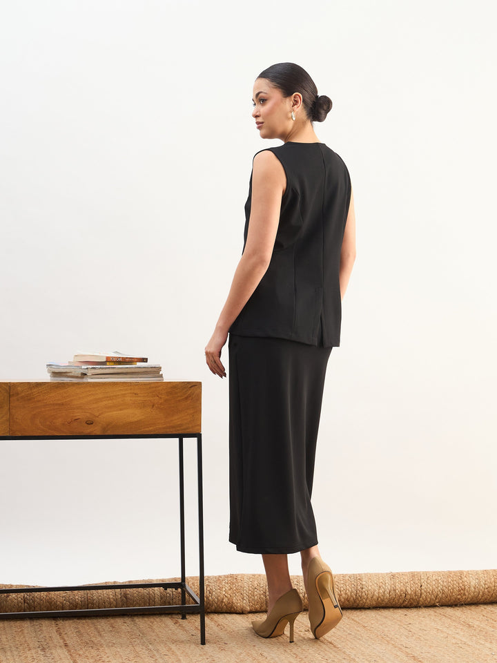 Women Black Round Neck Vest Top With Front Slit Midi Skirt