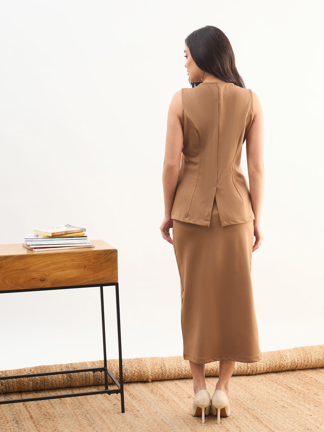 Women Tan Brown Round Neck Vest Top With Front Slit Midi Skirt
