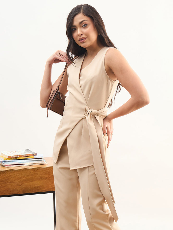 Women Beige V Neck Sleeveless Tie Up Closure Top