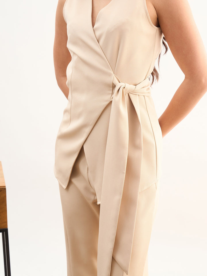 Women Beige V Neck Tie Up Top With Front Slit Bellbottom Pant