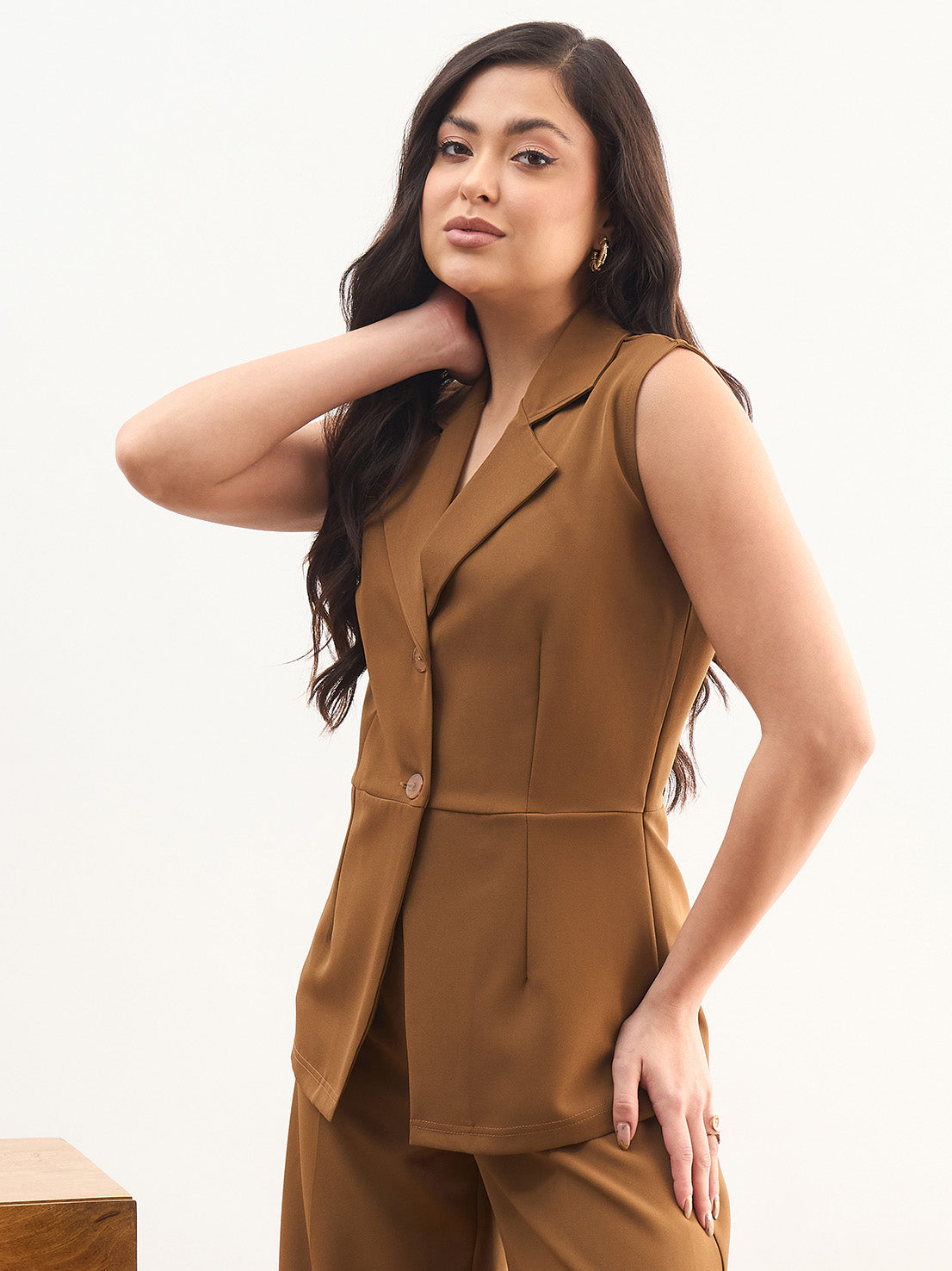 Women Tan Brown Notch Collar Sleeveless Regular Top