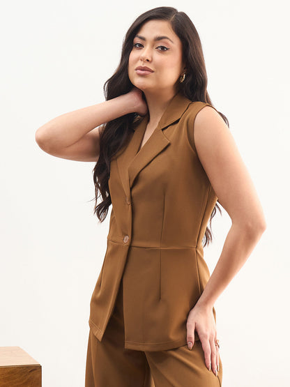 Women Tan Brown Notch Collar Sleeveless Regular Top