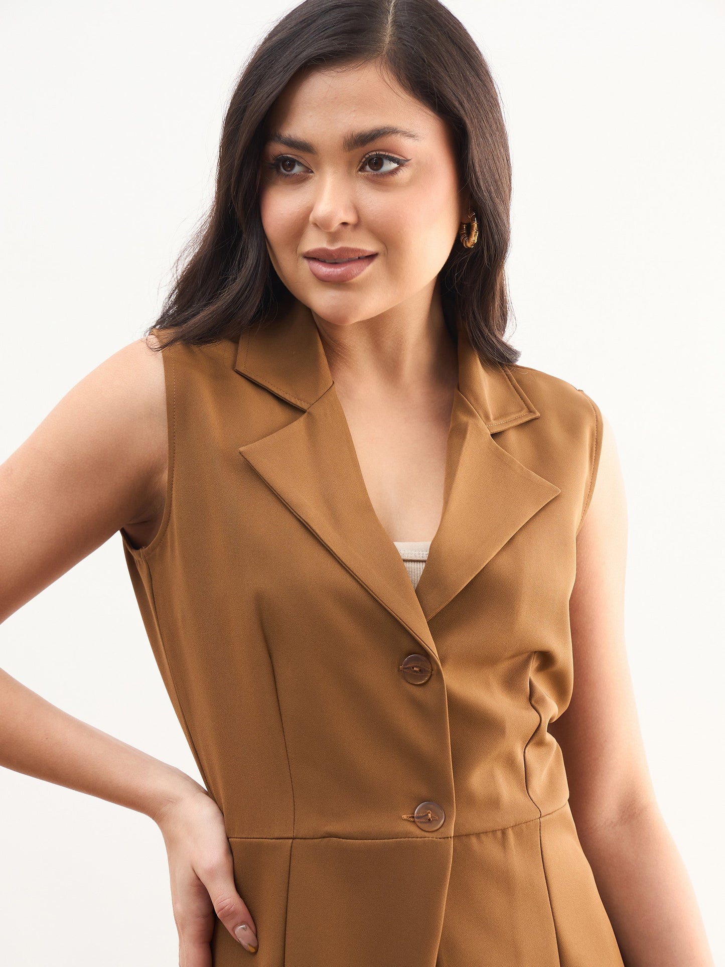 Women Tan Brown Notch Collar Sleeveless Regular Top