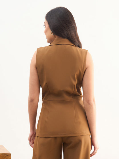 Women Tan Brown Notch Collar Sleeveless Regular Top