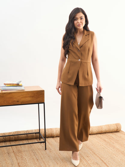 Women Tan Brown Notch Collar Sleeveless Top With Elasticated Pant