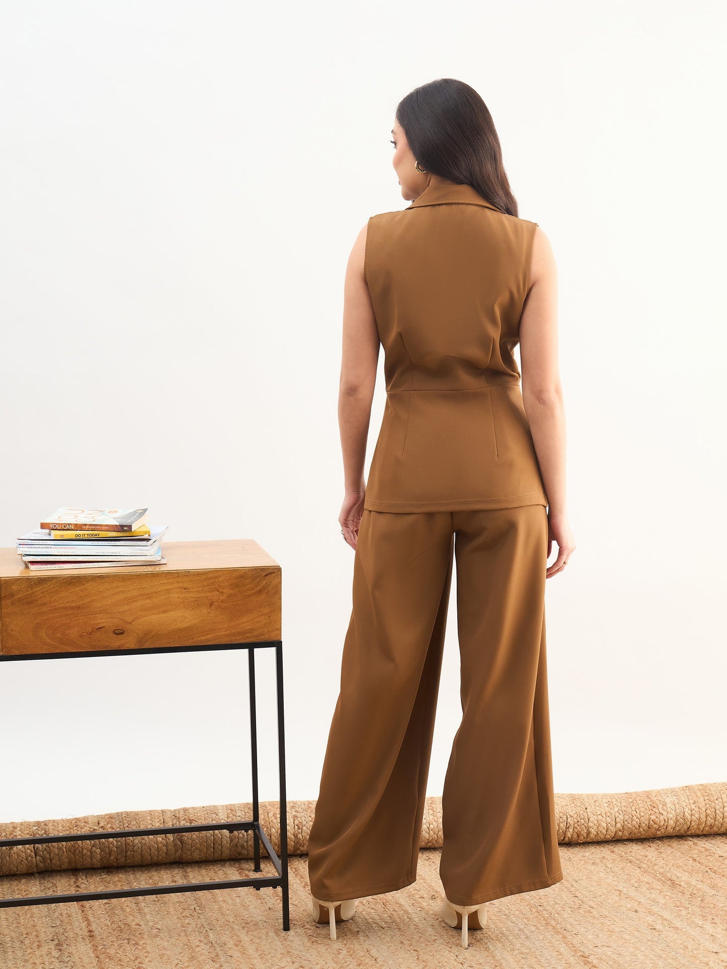 Women Tan Brown Notch Collar Sleeveless Top With Elasticated Pant