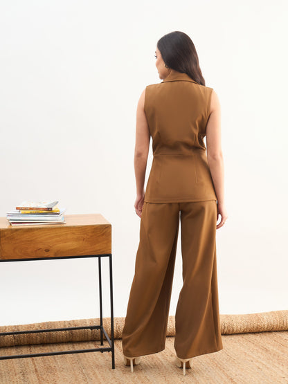 Women Tan Brown Notch Collar Sleeveless Top With Elasticated Pant