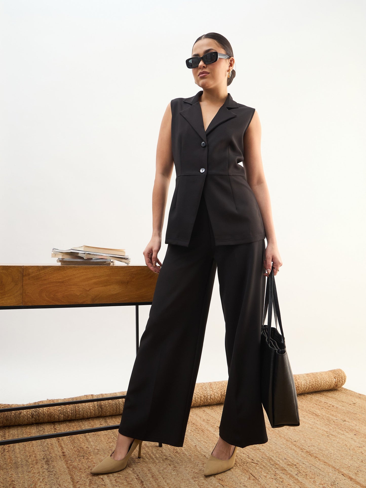 Women Black Notch Collar Sleeveless Regular Top