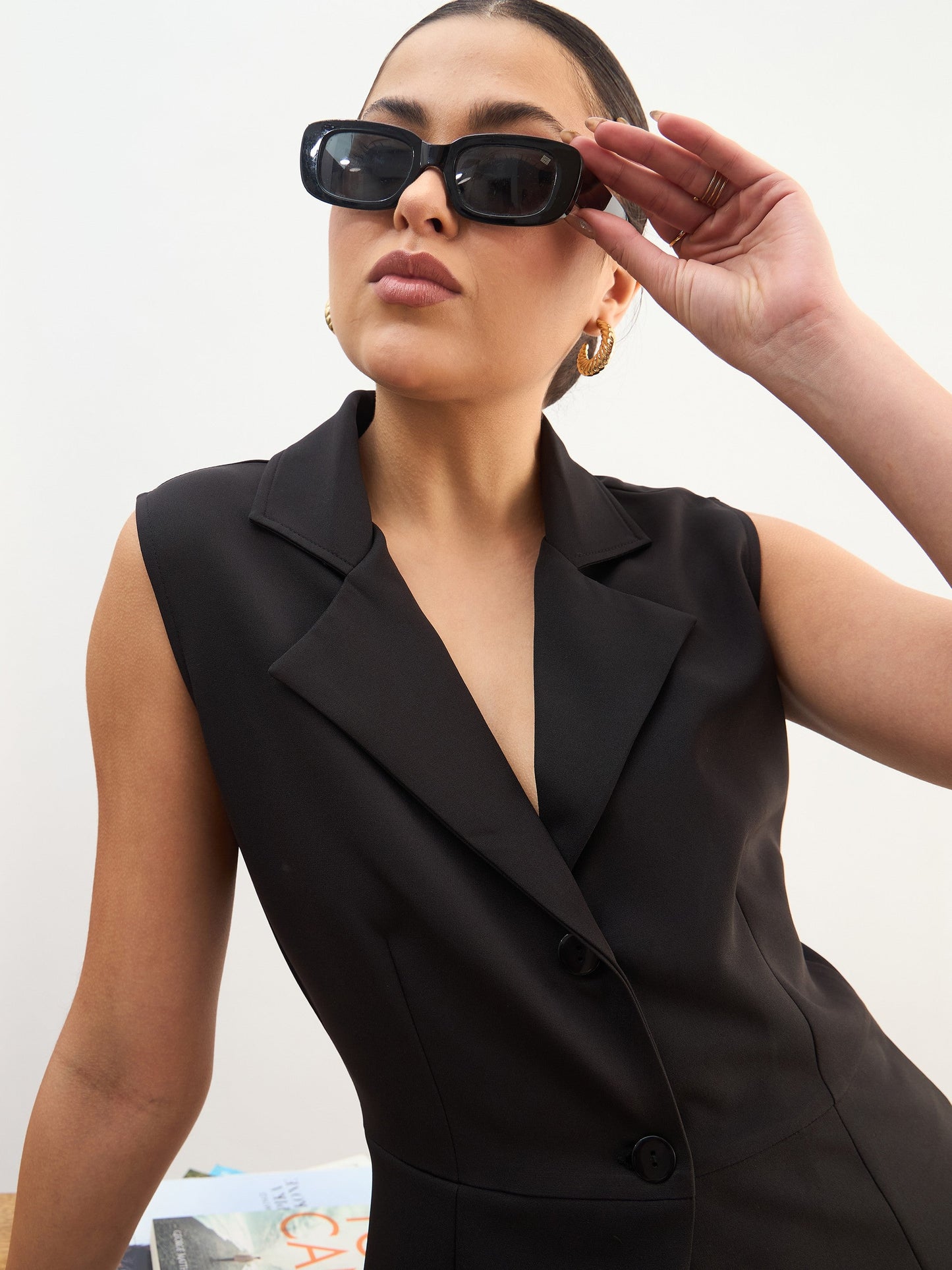 Women Black Notch Collar Sleeveless Regular Top