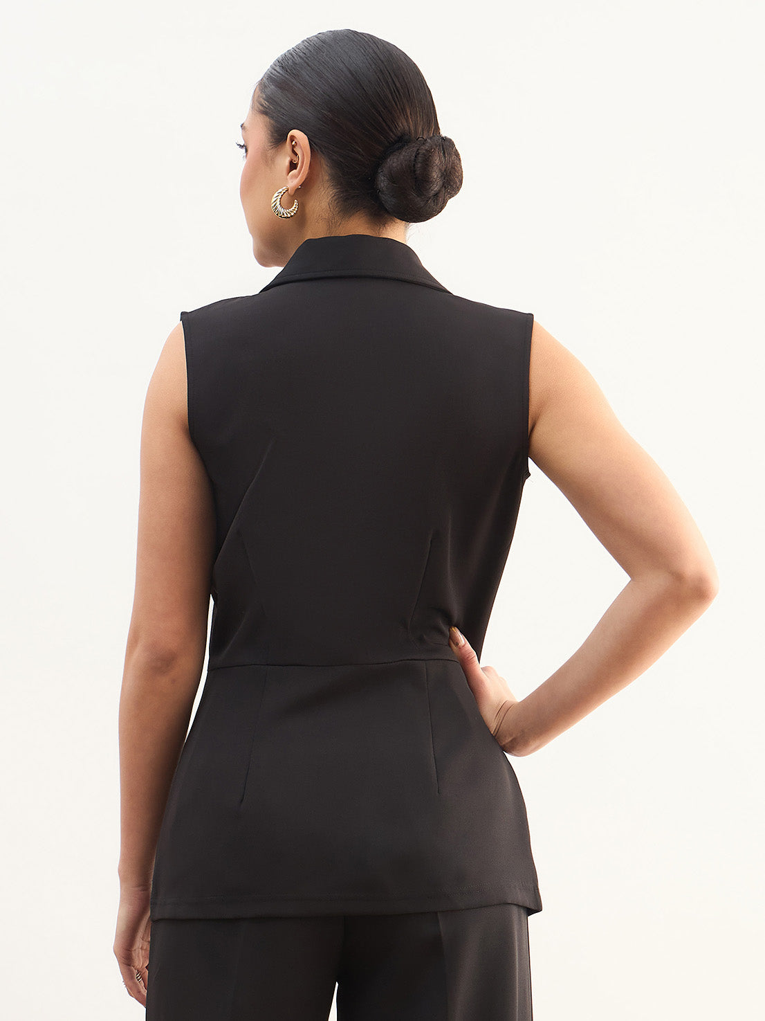 Women Black Notch Collar Sleeveless Regular Top