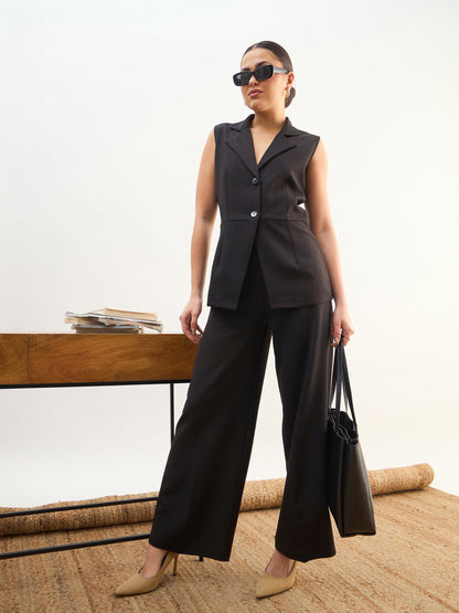 Women Black Notch Collar Sleeveless Top With Elasticated Pant