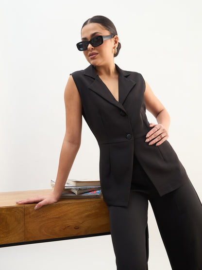 Women Black Notch Collar Sleeveless Top With Elasticated Pant