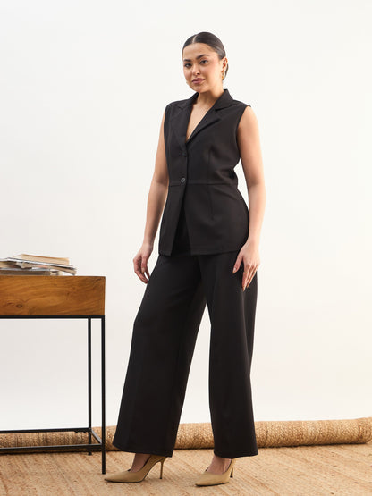 Women Black Notch Collar Sleeveless Top With Elasticated Pant