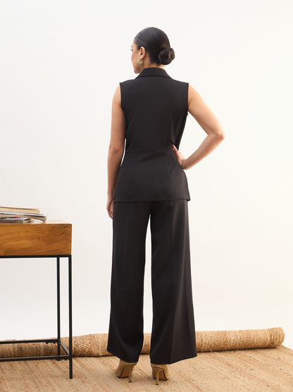 Women Black Notch Collar Sleeveless Top With Elasticated Pant