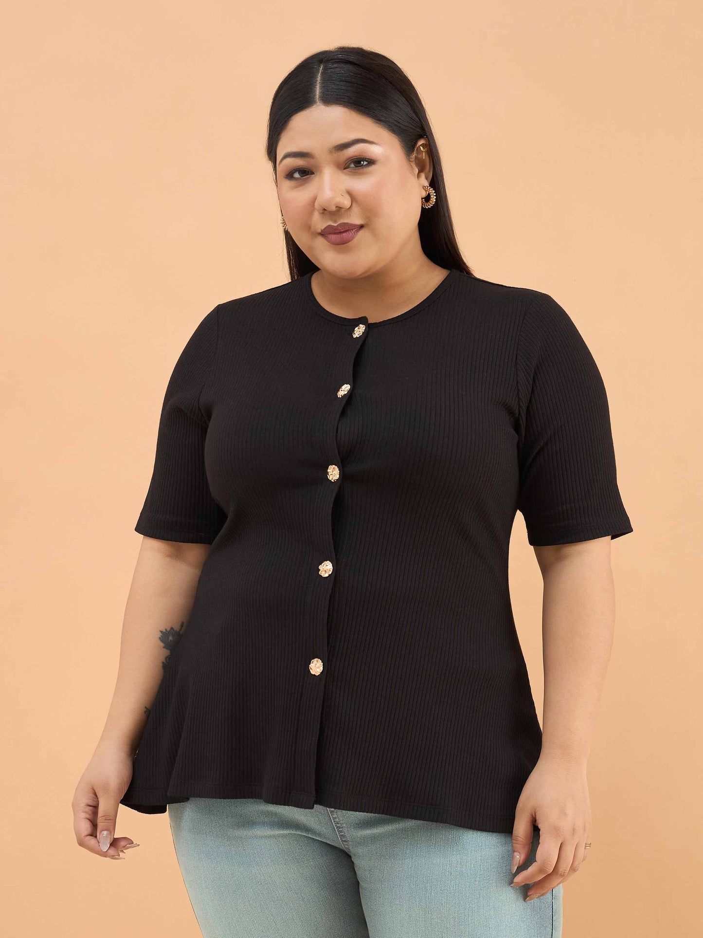 Black Rib Button Down Peplum Top