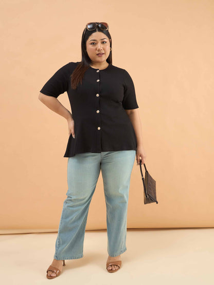 Black Rib Button Down Peplum Top