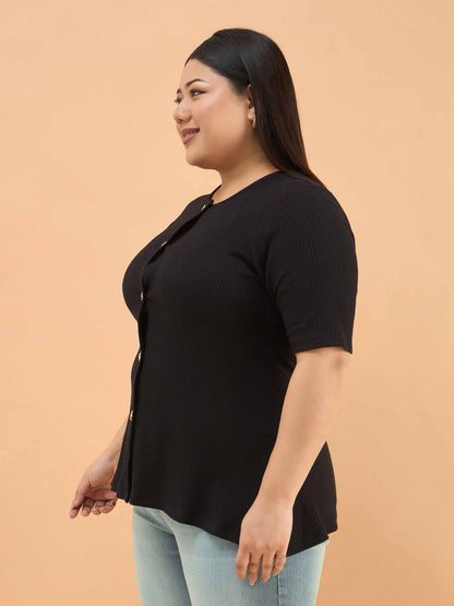Black Rib Button Down Peplum Top