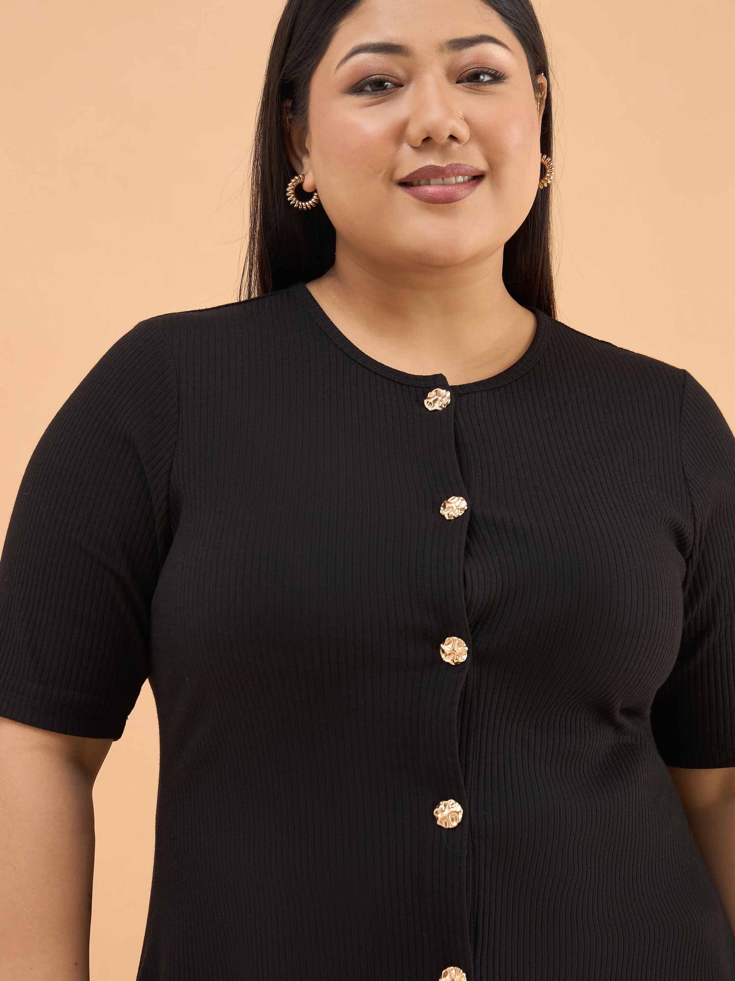 Black Rib Button Down Peplum Top
