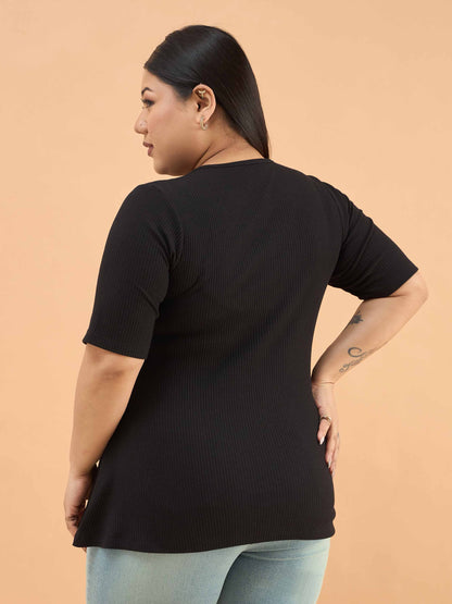 Black Rib Button Down Peplum Top