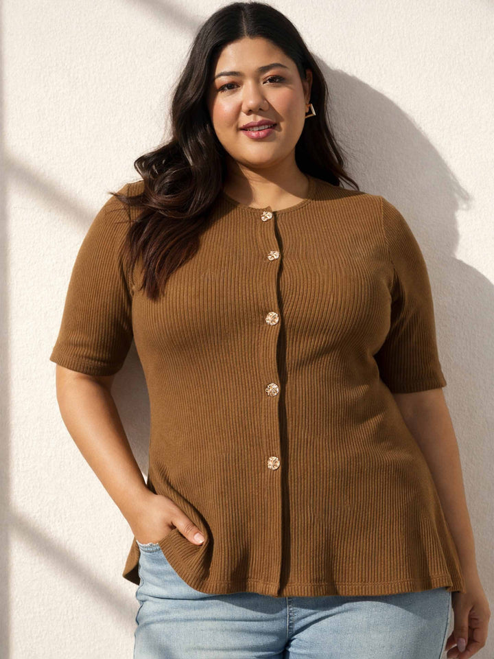 Brown Rib Button Down Peplum Top