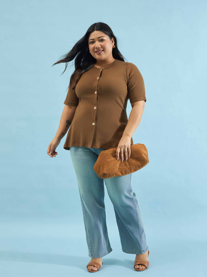 Brown Rib Button Down Peplum Top