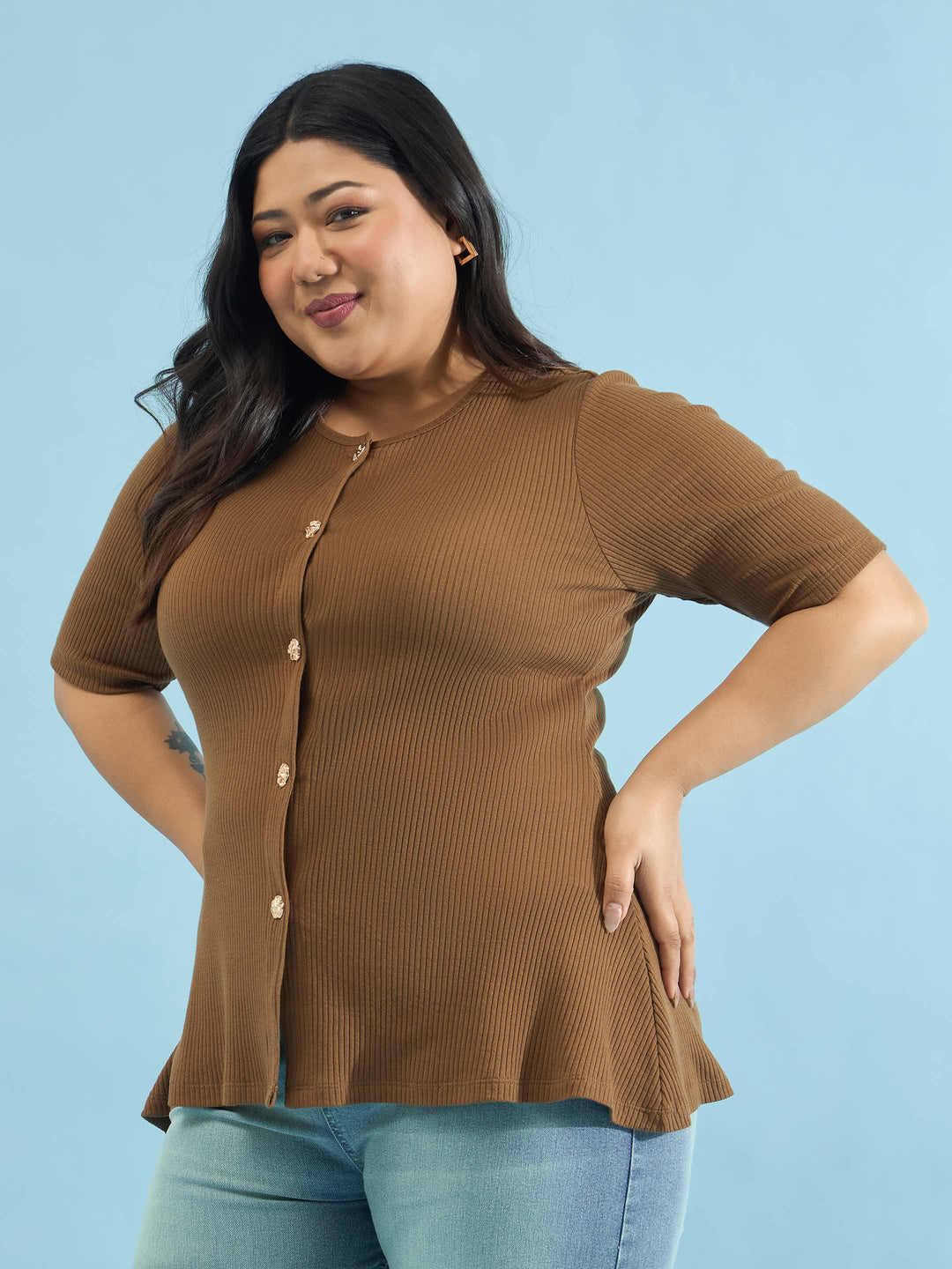 Brown Rib Button Down Peplum Top