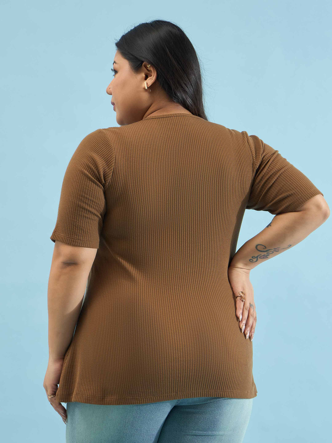 Brown Rib Button Down Peplum Top
