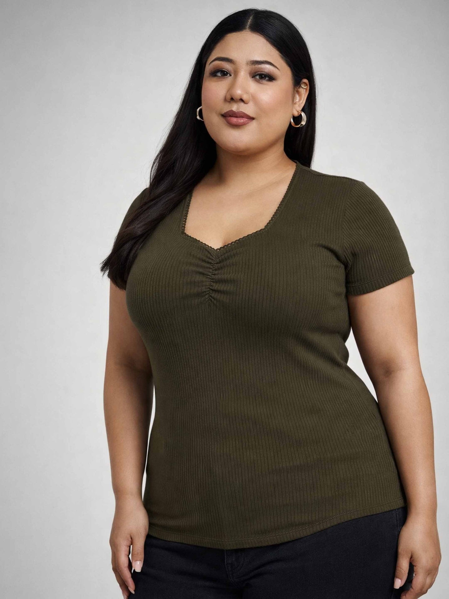 Olive Rib Front Ruched Lace Top