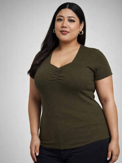 Olive Rib Front Ruched Lace Top