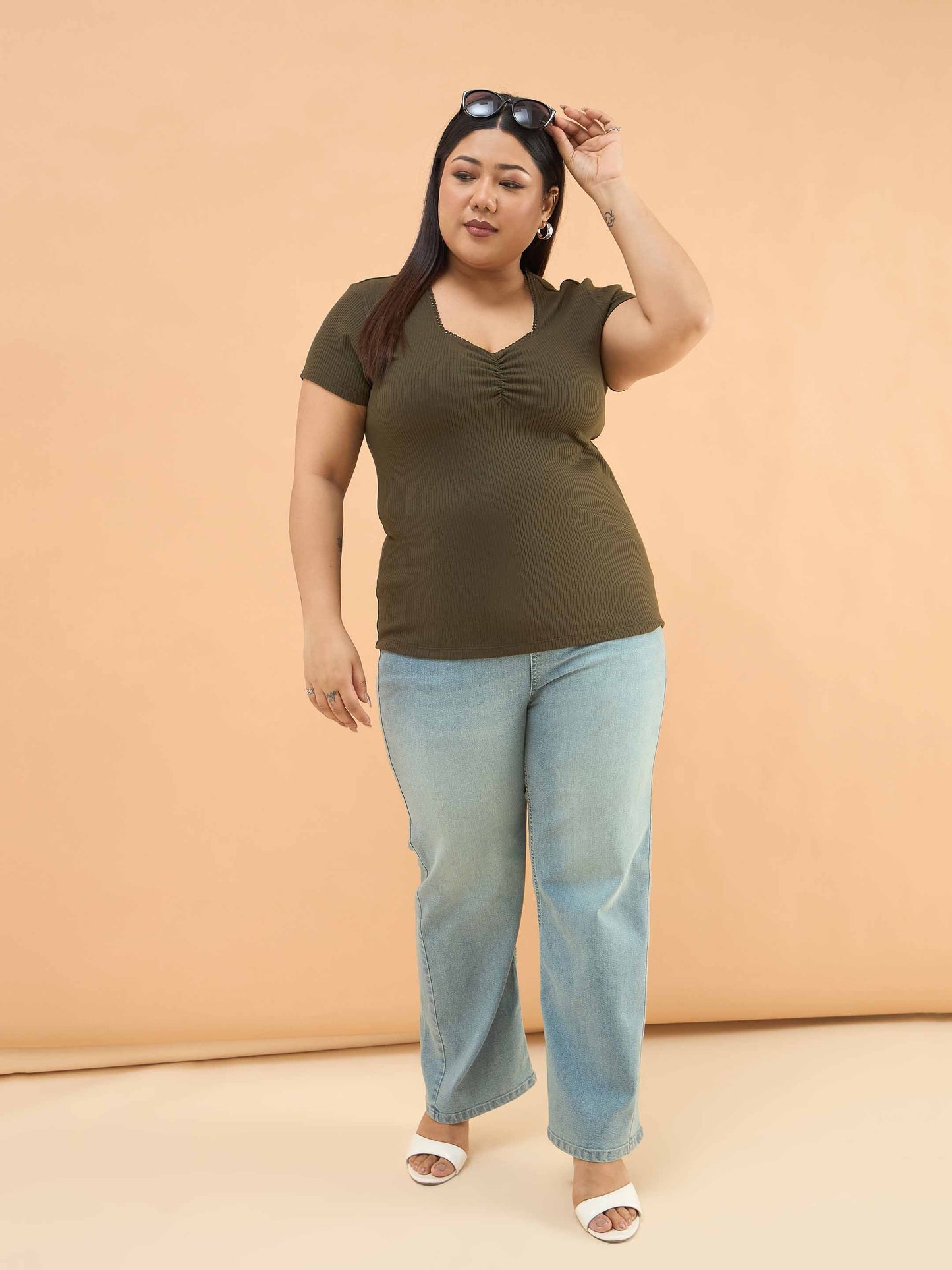Olive Rib Front Ruched Lace Top
