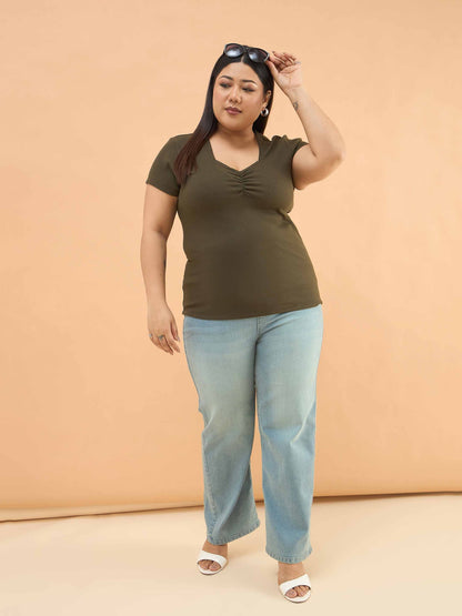 Olive Rib Front Ruched Lace Top