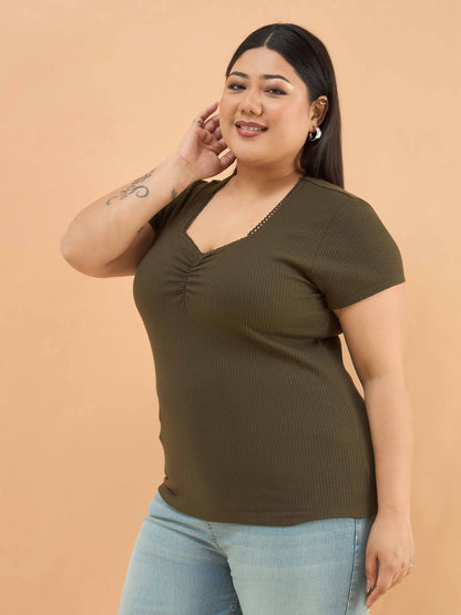 Olive Rib Front Ruched Lace Top